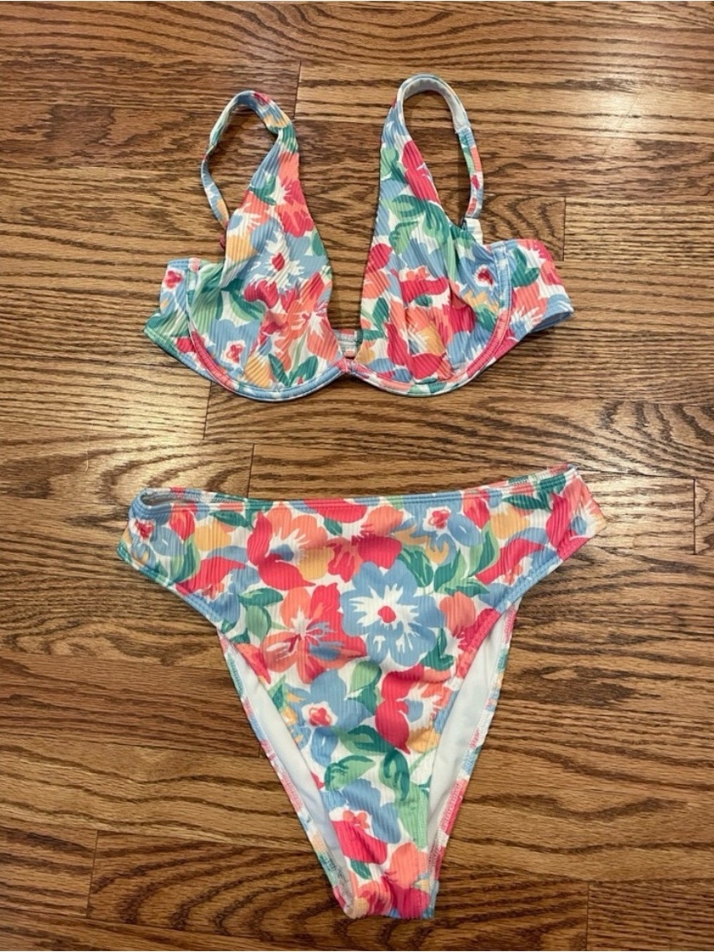 Hollister Floral Ribbed Bikini Set - Red, Blue, Green, Yellow